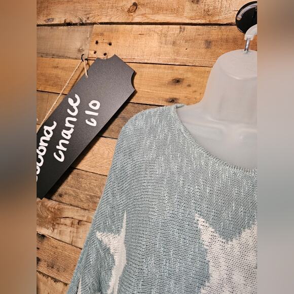 Wishlist women's spa aqua green star pattern lightweight knitted Sweater Sz S/M - Picture 3 of 15